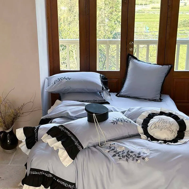 Afralia™ Flowers Embroidery Ruffles Cotton Bedding Set with Duvet Cover, Sheet, Pillowcases