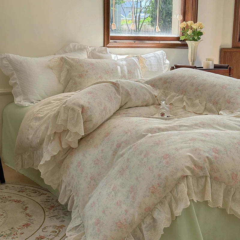 Afralia™ Elegant Floral Lace Ruffles Bedding Set with Double Yarn - Soft Cotton Blend