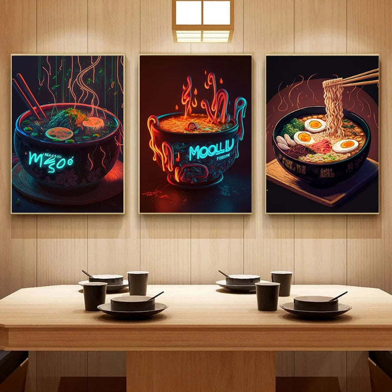 Afralia™ Japanese Food Neon Posters Canvas Painting for Home Kitchen Decor