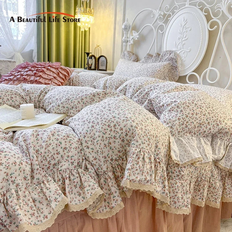 Afralia™ Double Layer Lace Ruffles Floral Bedding Set with Duvet Cover, Bed Skirt, Pillows