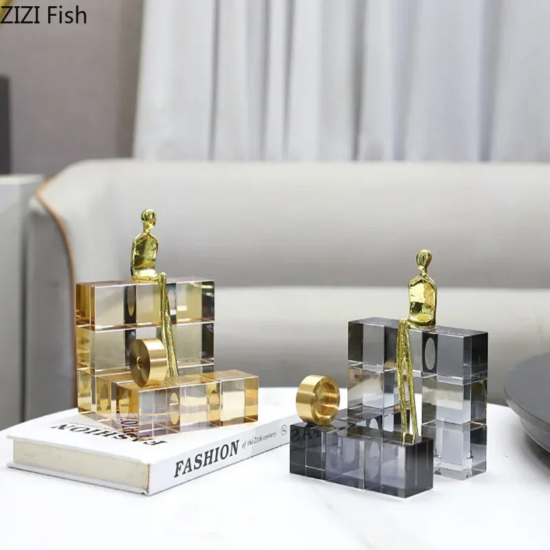 Afralia™ Golden Thinker Crystal Base Sculpture for Modern Desk Decor