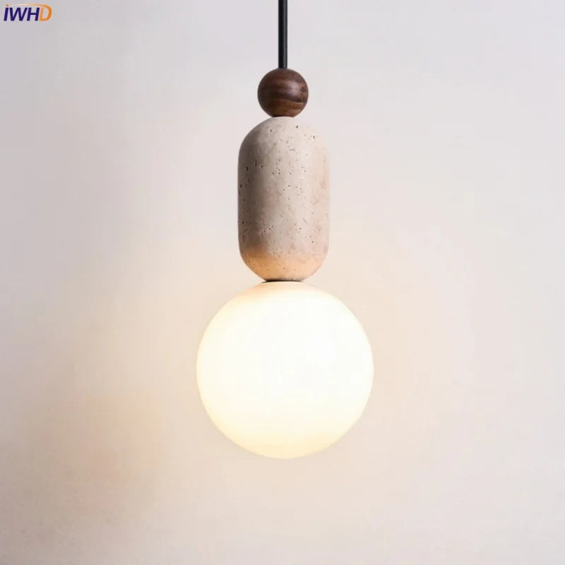 Afralia™ Yellow Travertine Stone Glass LED Pendant Lamp for Children's Room and Living Space