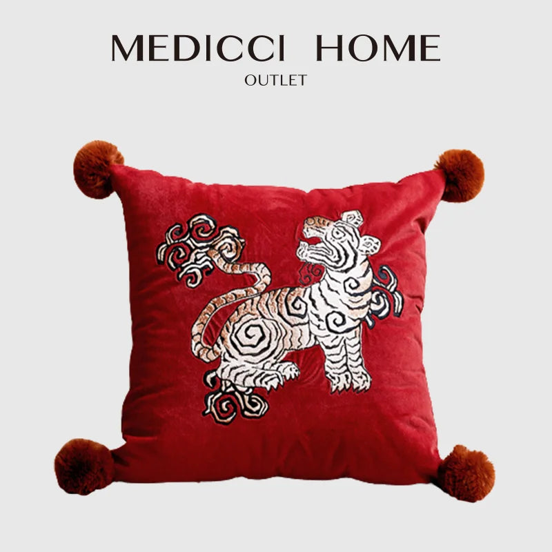 Afralia™ Red Velvet Tiger Embroidered Pillowcase 45x45 - Luxe American Style