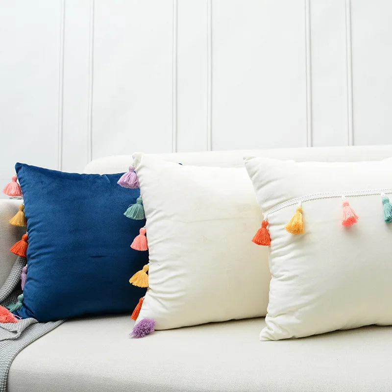 Soft Velvet Chinese Tassel Cushion Cover 45*45cm by Afralia™ - Colorful Fringe Decorative Pillow