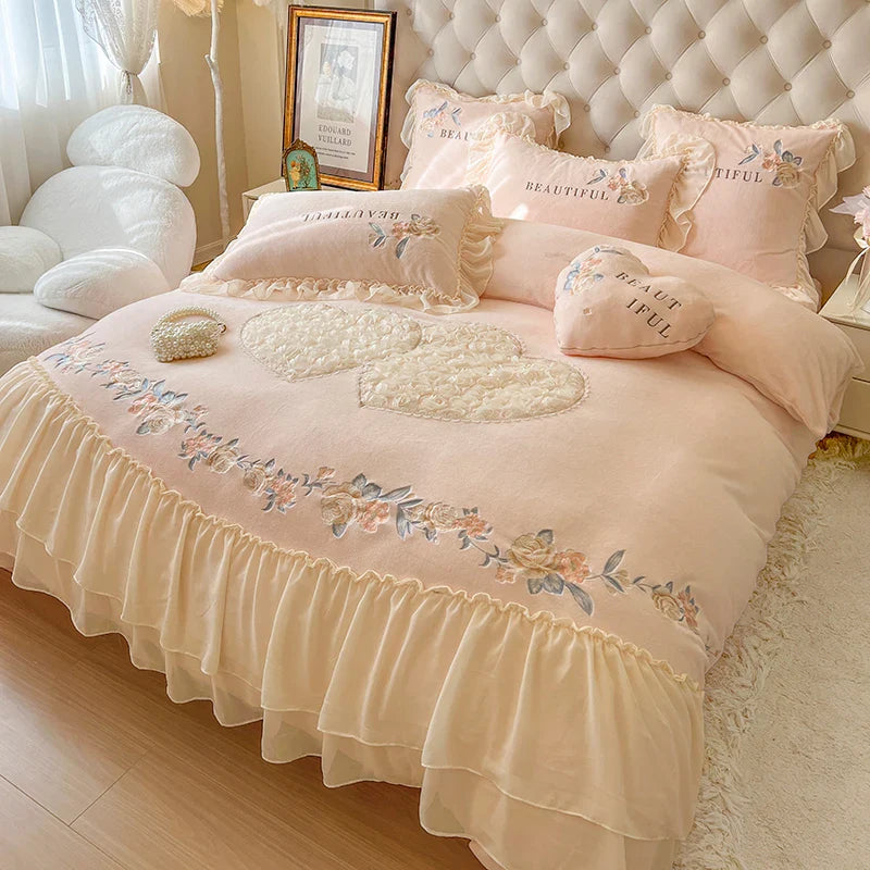 Afralia™ Pink Princess Lace Ruffle Bedding Set with Rose Embroidery, Fleece Duvet Cover, Sheet, Pillowcase