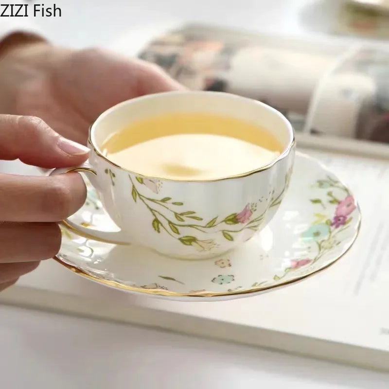 Afralia™ Elegant Gold Flower Cup & Saucer Set - Delicate Porcelain Tea Coffee Mug