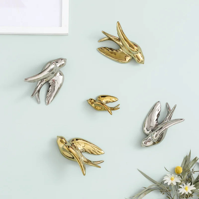 Afralia™ Golden Bird Swallow Sculpture Wall Decor Three-dimensional Handicrafts