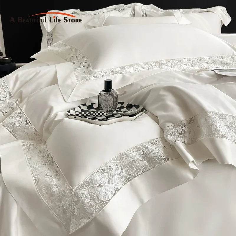 Afralia™ Lace Embroidery 1200TC Egyptian Cotton 4Pcs Bedding Set with Wide Hollow Design