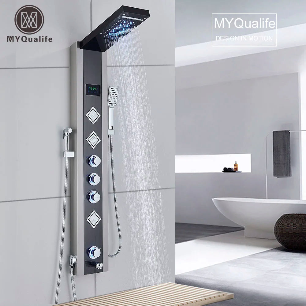 Afralia™ Modern Black LED Shower Panel 5-Function Wall Mount Hot Cold Bathroom Faucet