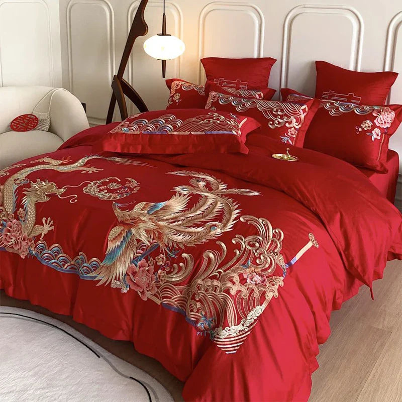 Afralia™ Gold Loong Phoenix Embroidery Queen Bedding Set, Luxurious Brushed 4Pcs Set