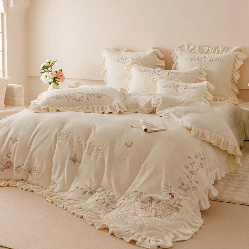 Afralia™ Butterflies & Flowers Embroidery Ruffles Princess Bedding Set - 4Pcs