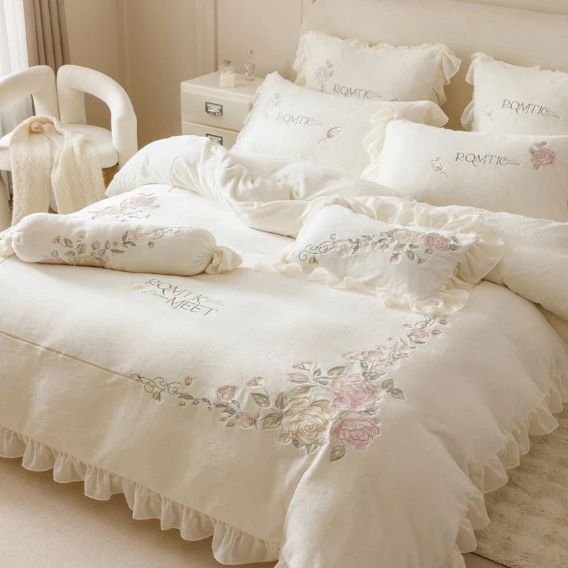 Afralia™ Rose Flowers Embroidery Princess Bedding Set - 4Pcs