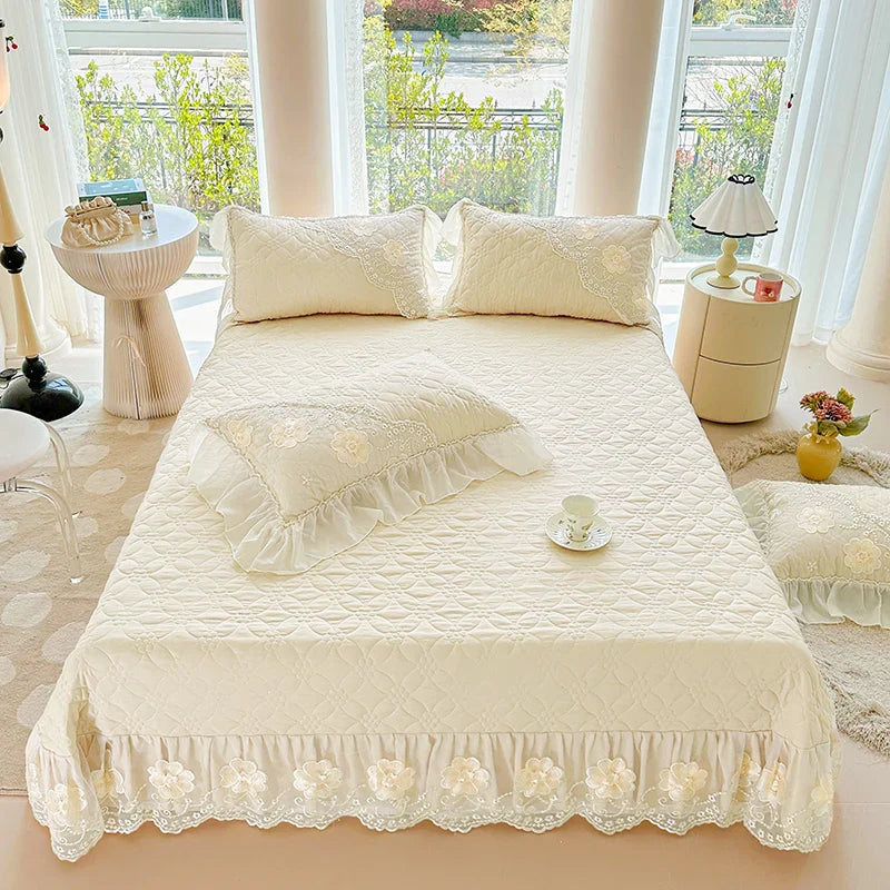 Afralia™ Pink Cotton Quilted Bedspread Set with Lace Edge and Pillowcases