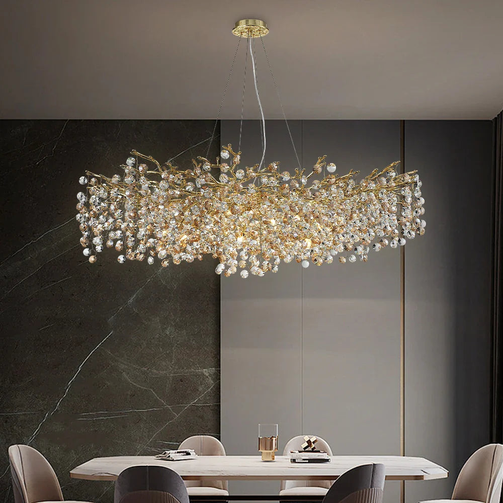 Afralia™ Sun Crystal Gold Lustre Chandelier: Nordic Villa Restaurant LED Ceiling Lamps