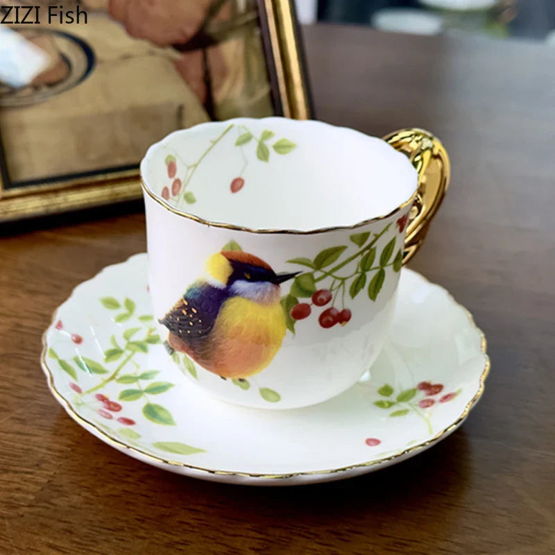 Afralia™ Bird Pattern Ceramic Gold-plated Coffee Mug & Saucer Set