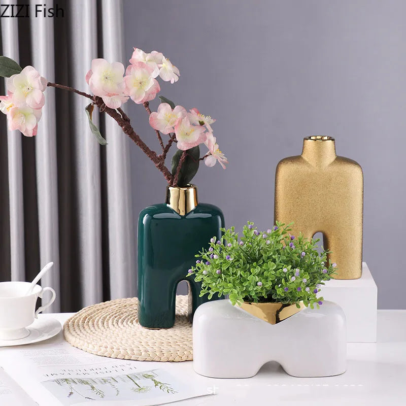 Afralia™ Gold Ceramic Vase Desk Decor Artificial Flower Arrangement Aesthetic Room Vase