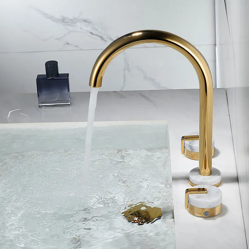 Afralia™ Gold Brass and Marble Widespread Bathroom Faucet 8' Basin Mixer