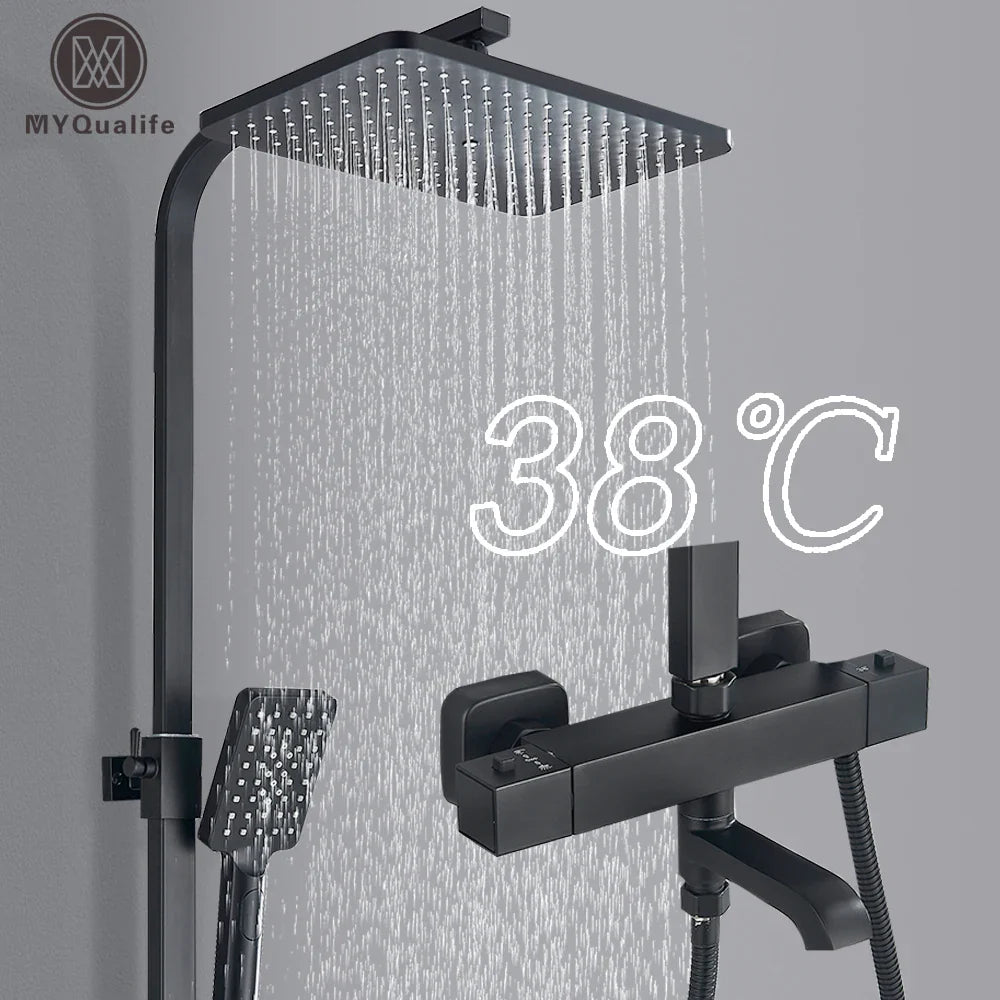 Afralia™ Thermostatic Shower Faucet Set with Rainfall Shower, Multifunctional Bathroom Faucet.