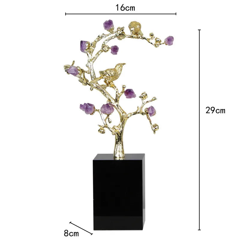 Afralia™ Golden Tree Crystal Flower Brass Amethyst Decor with Golden Bird Figurines