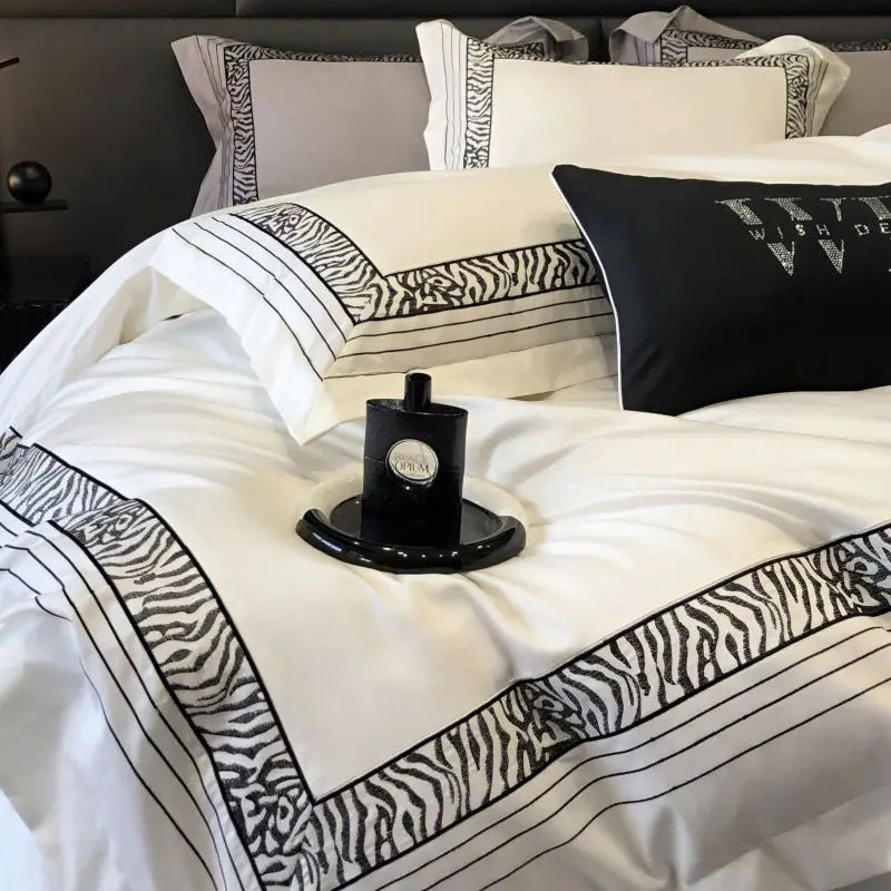Afralia™ Zebra Print Embroidery 1000TC Egyptian Cotton 4Pcs Bedding Set - Queen King Size