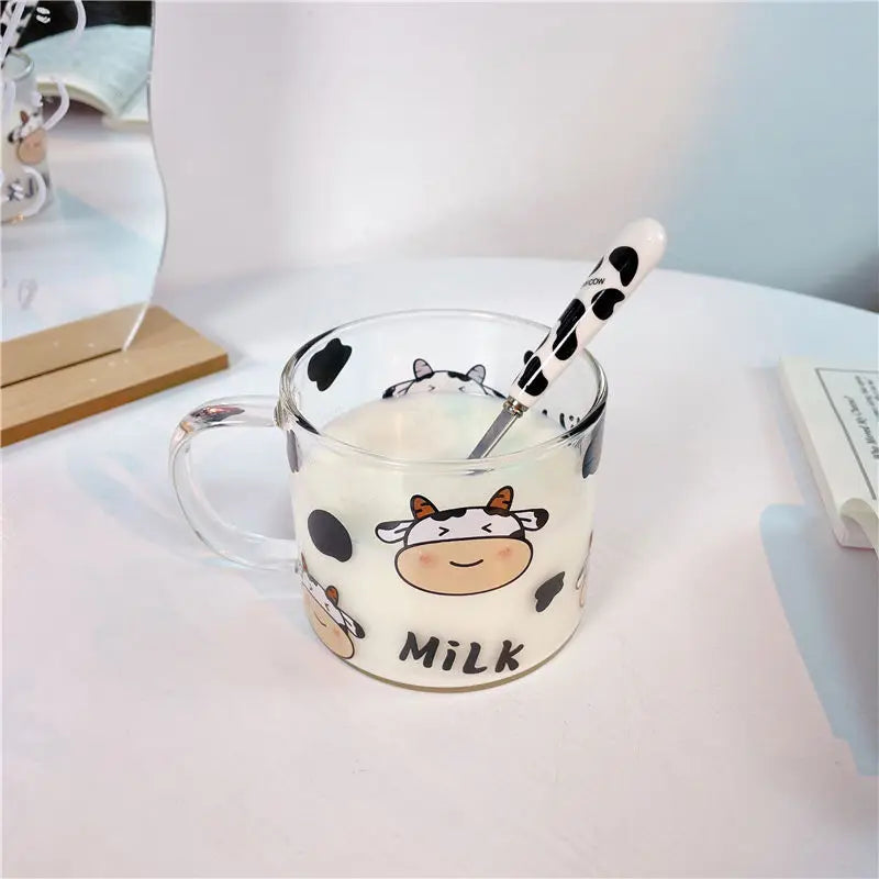 Afralia™ 13.5oz Cow Pattern Glass Mug with Spoon Lid for Student Dormitory
