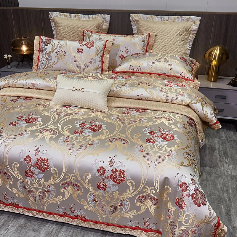Afralia™ Silky Satin Jacquard Cotton Bedding Set, Luxury European Style, 4 or 6 Pcs