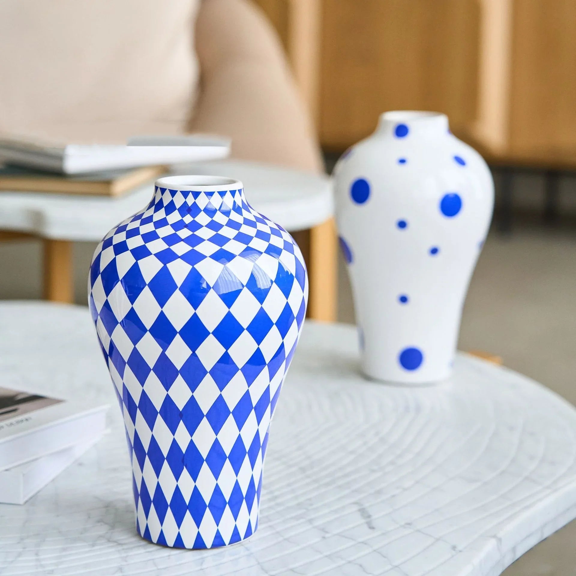 Afralia™ Blue Geometric Quilted Ceramic Vase - Polka Dots Pattern - Home Decor Craft