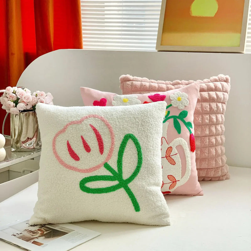 Afralia™ Pink Floral Embroidered Pillow Cases | Soft Flower Throw Cover for Living Room