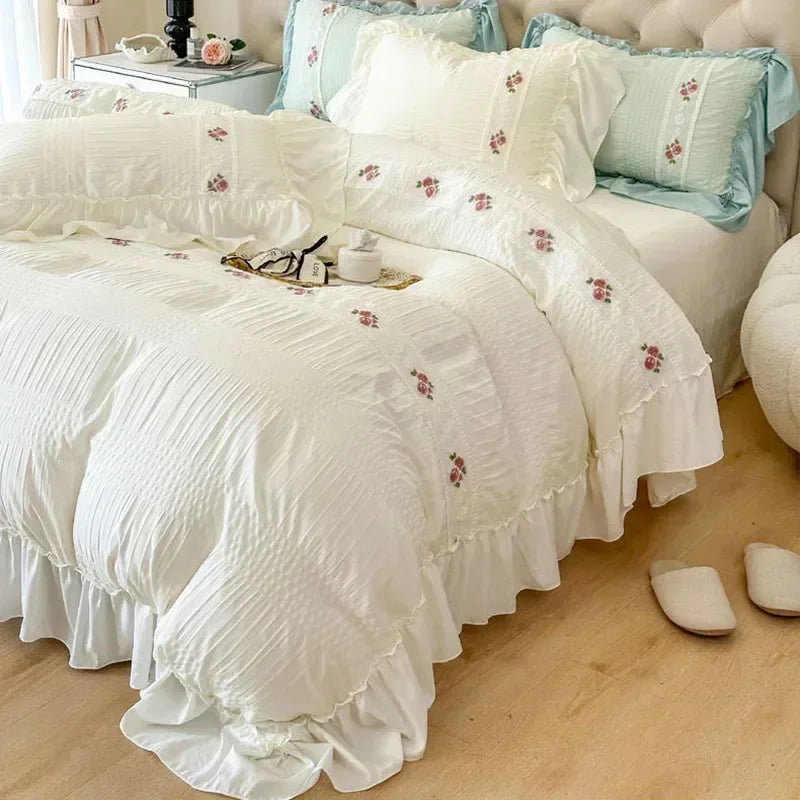 Afralia™ Romantic Lace Bubble Gauze Queen Bedding Set - Elegant Princess Style emb. Duvet Cover Set