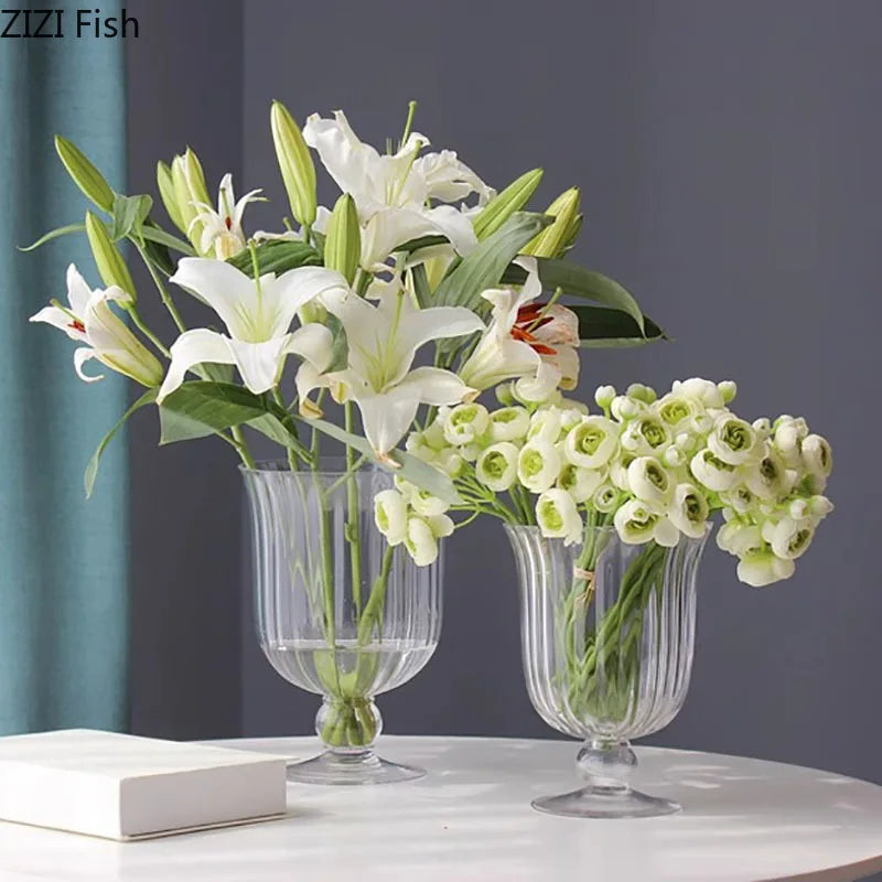 Afralia™ Tall Cup Glass Vase with Artificial Flowers for Desk Decoration
