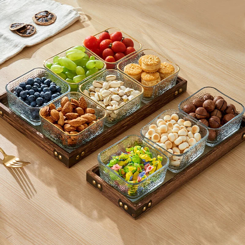 Afralia™ Glass Wood Tea Table Tray, Rectangular Snack Food Fruit Bowl Serving Tray