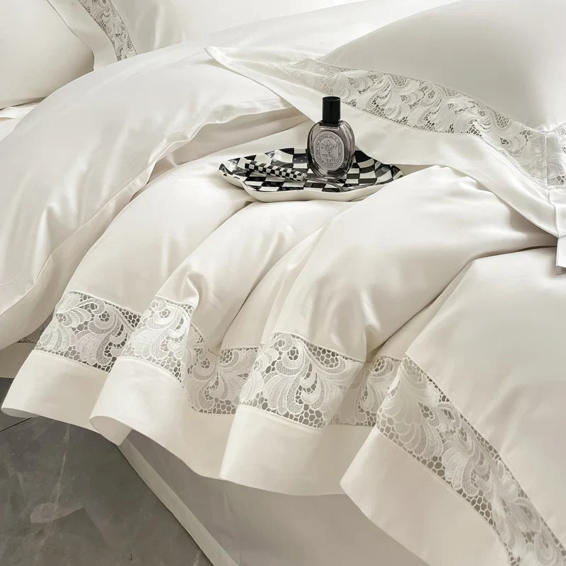 Afralia™ Lace Embroidery 1200TC Egyptian Cotton 4Pcs Bedding Set with Wide Hollow Design