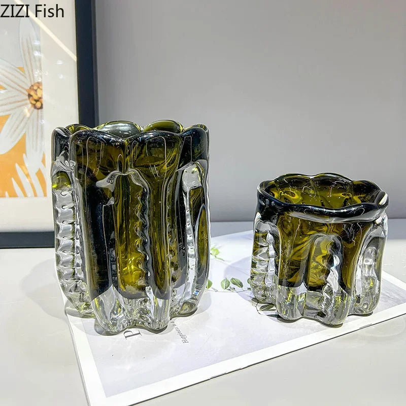 Afralia™ Forest Green Glass Vase Wrinkled Flower Pots Desk Decoration Aesthetic Floral Vases