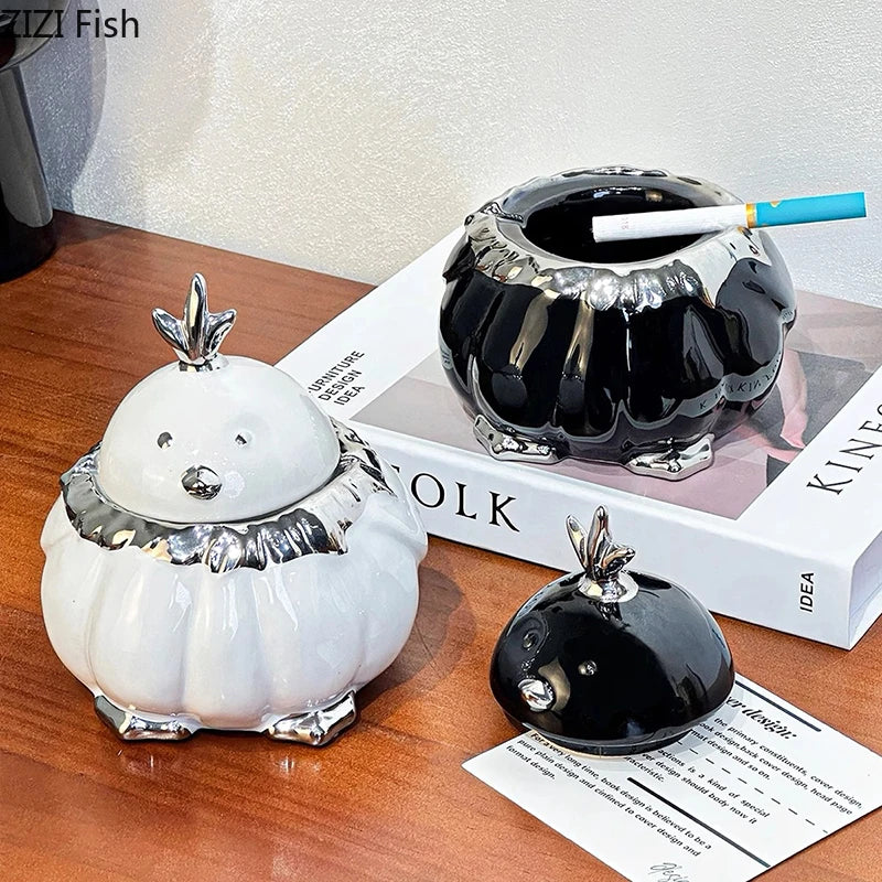 Afralia™ Garlic Duck Ceramic Ashtray with Lid - Unique Desk Decoration and Smoking Accessory