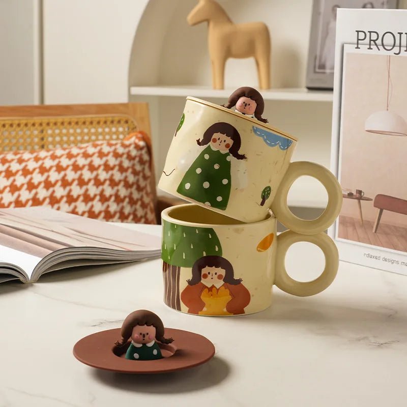 Afralia™ Creative Ceramic Coffee Mug with Lid for Couples