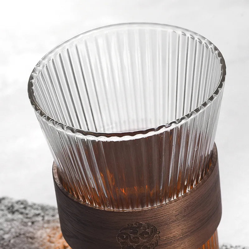 Afralia™ Ribbed Whiskey Glass Cup 300ml with Wood Sleeve - 10oz Heat Resistant Coffee Mug