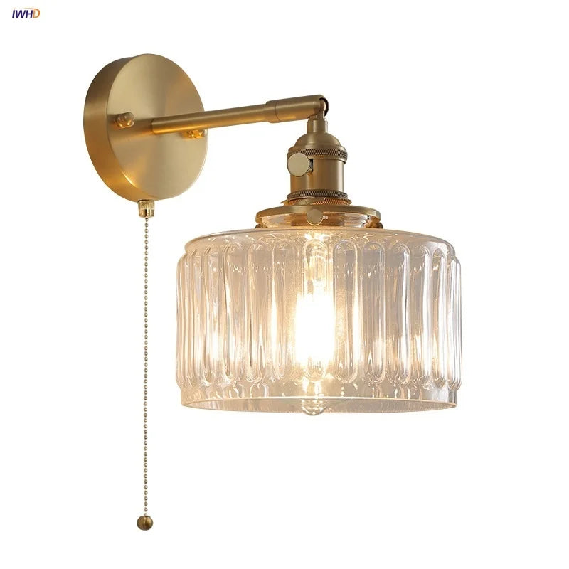 Afralia™ Copper Pull Chain LED Wall Light with Clear Glass Rotate Bedside Lamp