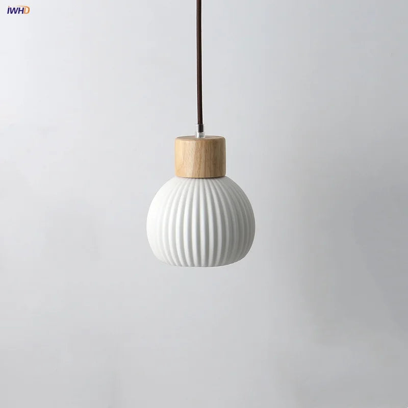Afralia™ Wood LED Pendant Lamp White Ceramic Ball Hanging Lights