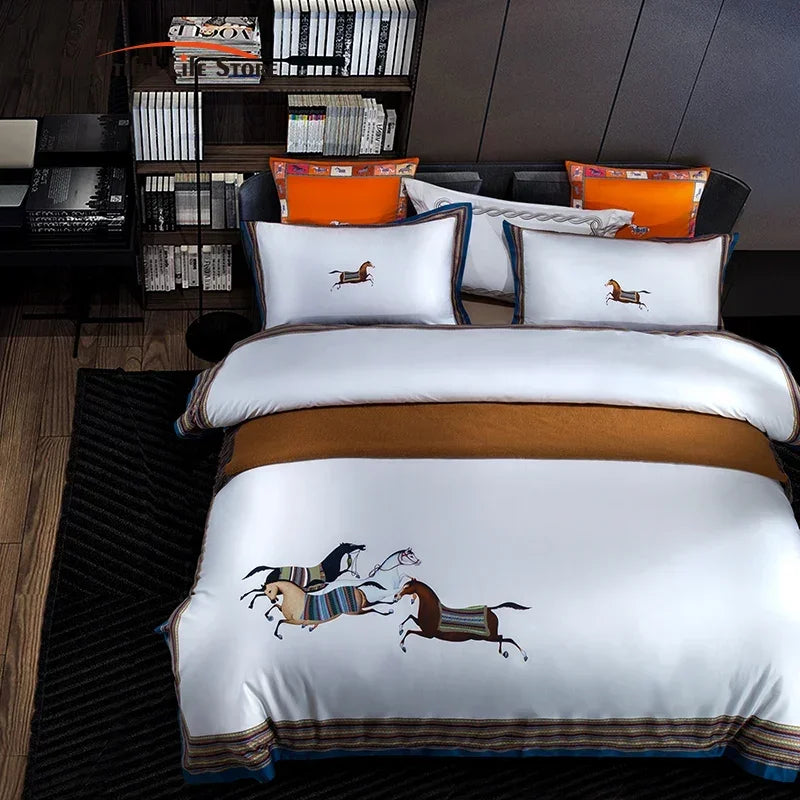 Afralia™ Galloping Horse Luxury Bedding Set 1400TC Egyptian Cotton Duvet Cover Sheet Pillowcases