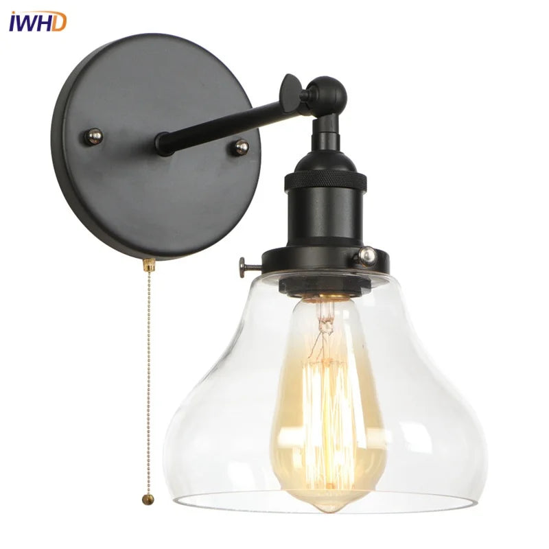 Afralia™ Black Iron LED Wall Lights Industrial Pull Chain Switch Bedroom Dining Room Loft