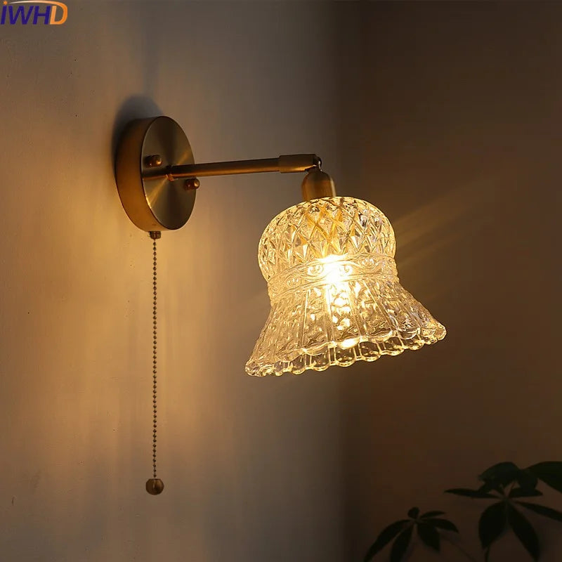 Afralia™ Vintage Copper Glass LED Wall Light with Pull Chain Switch for Dining Room Bedroom