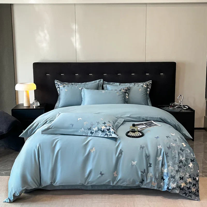 Afralia™ Butterflies Embroidery Bedding Set - King Queen Ru Size Bed Linens Sheet Pillowcase Comforter Cover Set