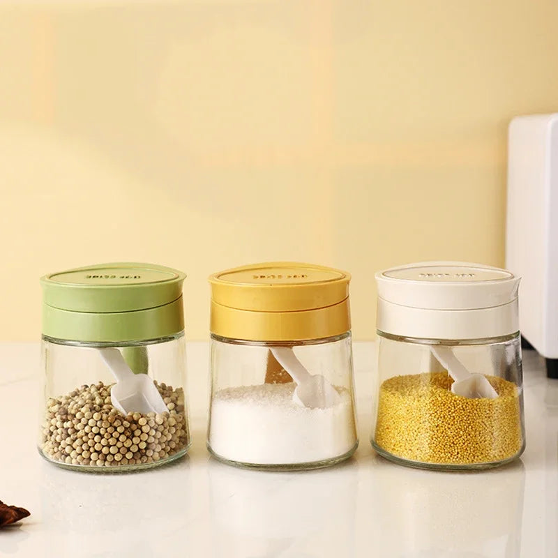 Afralia™ Glass Seasoning Jar with Spoon, Flip-Top Salt Shaker Kitchen Set
