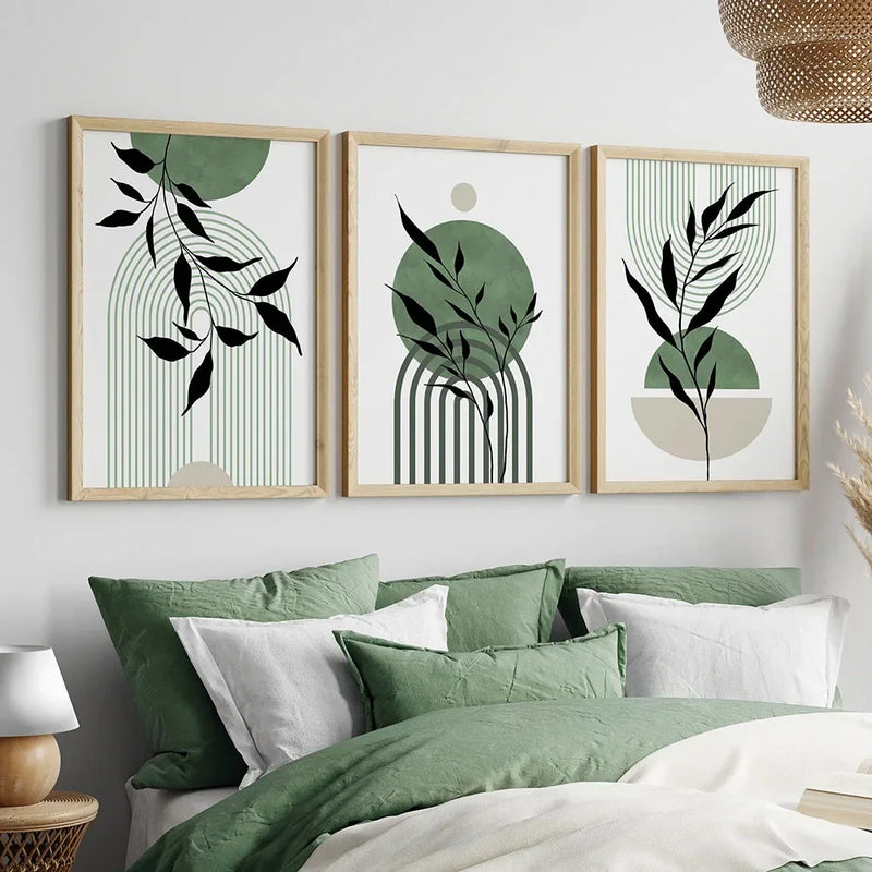 Bohemian Green Triptych Wall Art - Geometric Leaf Abstract Canvas Poster Prints