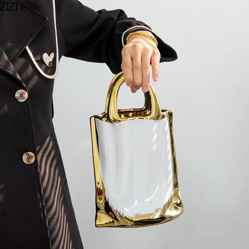 Afralia™ Golden Handbag Ceramic Vase for Stunning Flower Arrangements