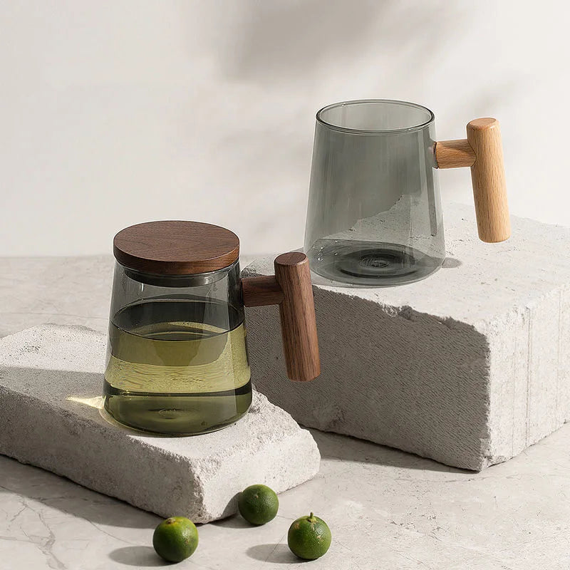 Afralia™ Glass Tea Cup Set with Wood Handle for Puer, Heat Resistant Kung Fu Style