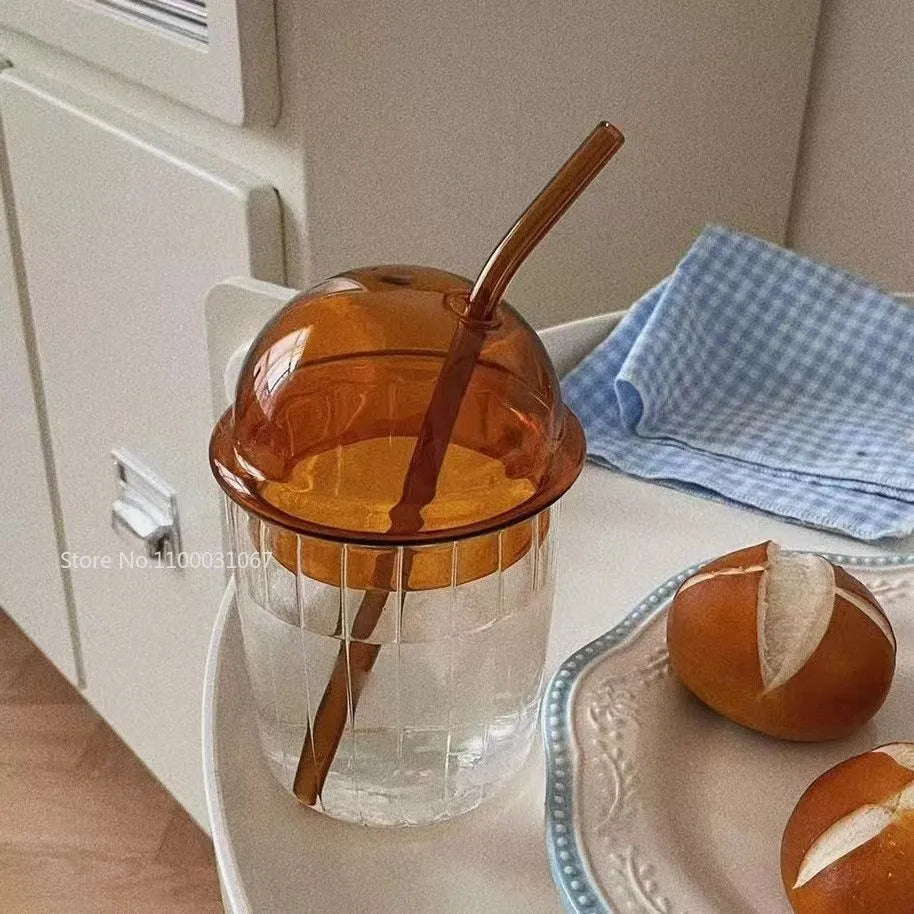 Afralia™ 450ml Striped Glass Cup with Lid and Straw, Ideal for Coffee, Juice, Milk, or Tea