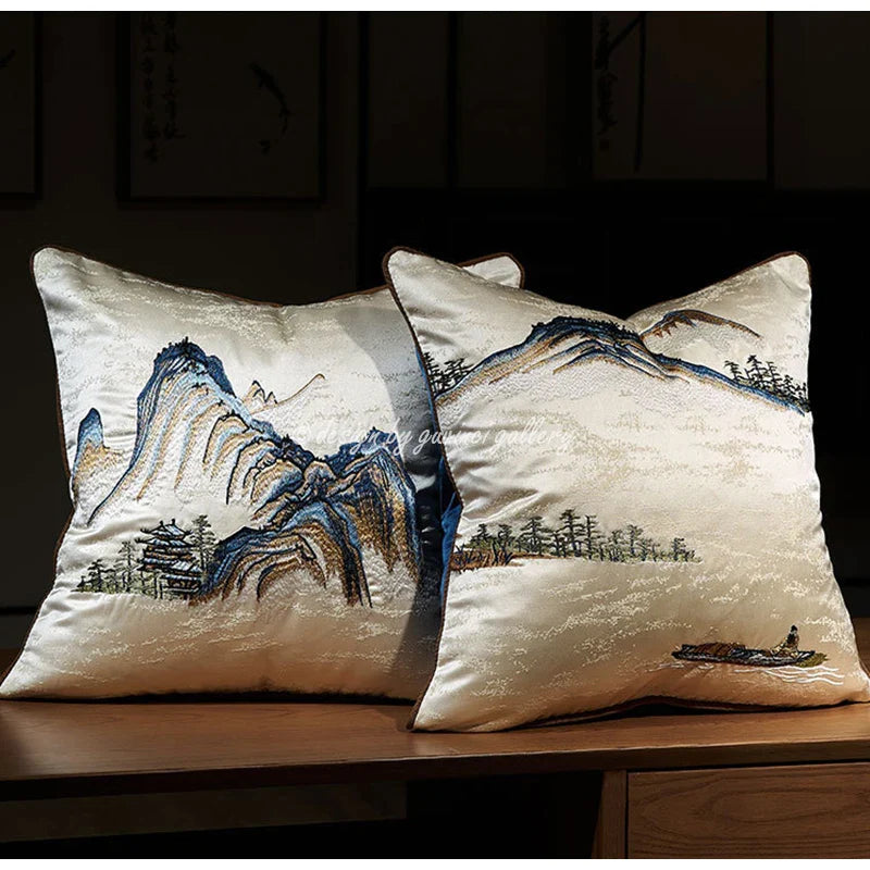 Afralia™ Chinese Ancient Art Chinoiserie Landscape Embroidered Lumbar Pillow Cover