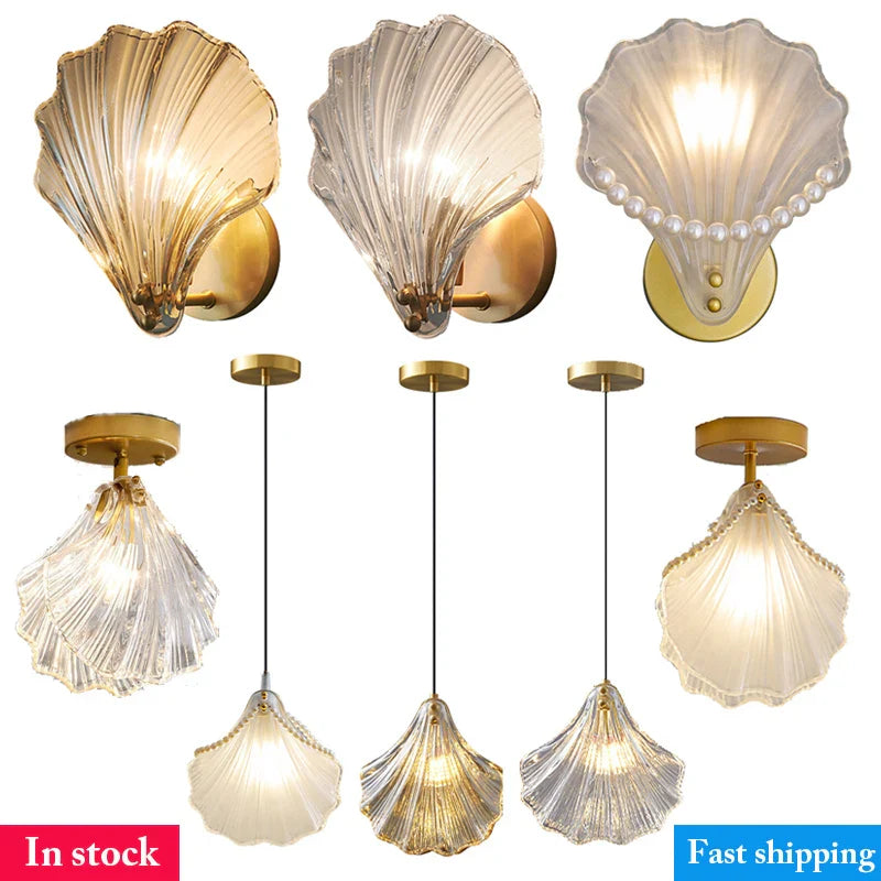 Afralia™ Sea Shell LED Glass Wall Lamp for Bedroom Dining Room Decor