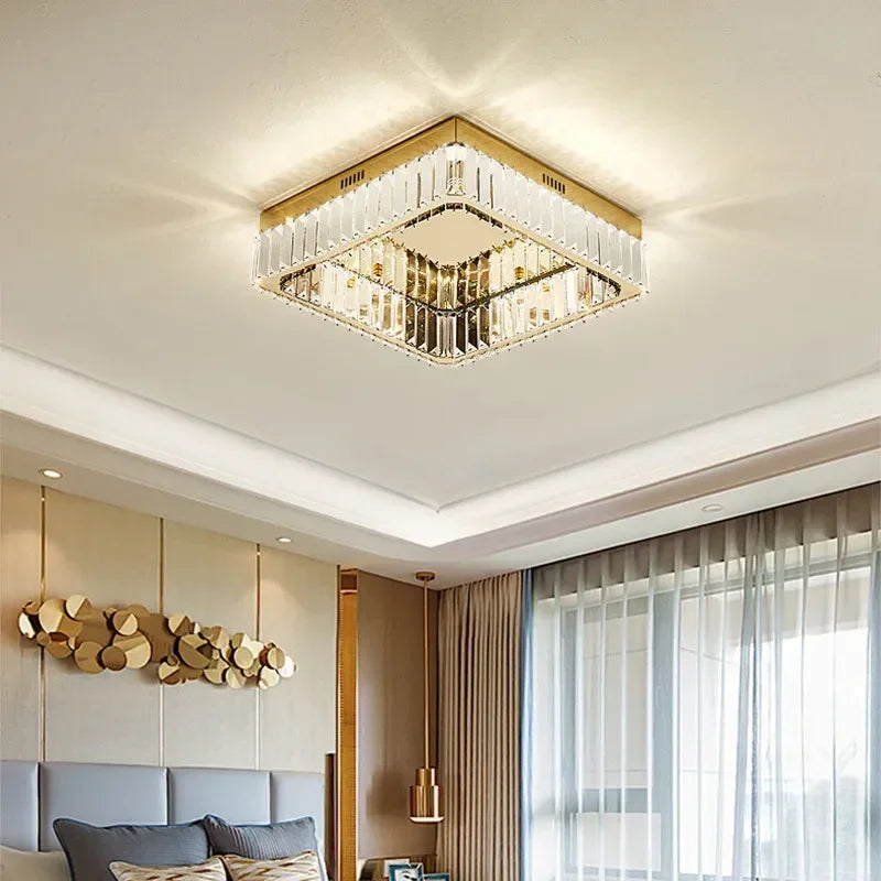 Afralia™ Square Steel Crystal Led Ceiling Light Fixture for Living Room Decor